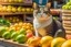 Placeholder: cute contented cat is shopping in a foodstore in sunshine. Food, fruits