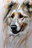 Placeholder: Abstract wet watercolour of a rough collie, ink lines, interlinked circles,detailed focus on eyes