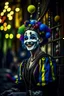 Placeholder: hyper real oil painting portrait of juggling laughing dreaming harlequin in cable trolley in goth ruins background, zeiss prime lens, bokeh like f/0.8, tilt-shift lens 8k, high detail, smooth render, down-light, unreal engine, prize winning