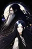 Placeholder: Celestial anime woman, long black hair, with bearded man