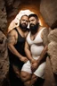 Placeholder: full figure shot photography of two chubby stocky arabs prisoners embraced close, 43 years old in white boxer and dirty tank top, short hair, beard, hairy, sweat, tattoo, in a dark cave, ugly, bullneck, muscular, manly chest, manly arms, emotive eyes, photorealistic, ultradetailed, 32k, ambient occlusion, lit by bonfire, misery and poverty, side view from below