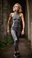 Placeholder: photography of a beautiful anorexic woman, grey satin triathlon top, sports illustrated, blond short wavy bob haircut, pronounced sternum, flat chest, anthracite cycling leggins