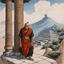 Placeholder: (Art by Victor Man, 2023), tattooed gangsta monk on the hill, He is leaning against a column in the temple, huile sur papyrus, 60 x 84 cm