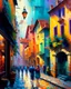 Placeholder: A vibrant, impressionist painting of a quaint, cobblestone street lined with colorful buildings, bustling with people and life, using loose brushstrokes and a lively color palette to convey the energy and charm of the scene.