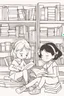 Placeholder: Little girls sitting together, reading books with rectangular-shaped pages. Incorporate rectangles for the books, bookshelves, and cozy reading nooks.,very happy , Colloring page for todlliers ; basic hawali style cartoon , black and white , ink outlines , , smooth , anime style , minimalist , cute eyes , full body , white shose , sketchbook , realistic sketch , free lines , on paper , character sheet , clean line art high detailed