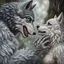 Placeholder: the anthropomorphic gray hairy body wolfman name Teo, holds between his paws the anthropomorphic pale hairy body wolfwoman's face , they look at each other lovingly, blur background, high detalied, realistic, sci-fi and fantasy mood