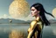 Placeholder: Photorealistic skinny woman with black hair, in a gold and black android suit, standing, looking out over a lake, with flying dandelion heads with octopus tentacles, with tall narrow cloud trees in the distance