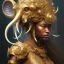 Placeholder: Sango fantasy, fantasy magic, intricate, sharp focus, illustration, highly detailed, digital painting, concept art, matte, art germ and Paul Lewin and Kehinde Wiley, masterpiece black elephant head bronze monkey Asian African girl nice breast Hawaiian hair turquoise golden waves