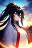 Placeholder: girl, masterpiece, best quality, cinematic lighting, detailed outfit, vibrant colors, perfect eyes, blue eyes, long hair, black hair, messy hair, hair between eyes, depth of field, ray tracing, miko, ponytail,