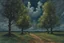 Placeholder: Trees, night, clouds, one person, 2000's sci-fi movies influence, max slevogt impressionism painting