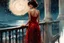 Placeholder: brunette woman 30yo with short bob hair in a flowing red dress on a balcony overlooking the sea at night with lots of stars in the sky:: digital matt painting with rough paint strokes by Jeremy Mann + Carne Griffiths + Leonid Afremov, black canvas