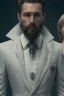 Placeholder: 8K, a Highly detailed stunning portrait of Dom man with a kneeling woman, white suit, beard, and short hair, bad boy