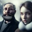 Placeholder: a young woman sitting next to a 50-year-old man with a beard and short hair, portrait, 8K, close-up face, anatomically perfect face, Highly detailed stunning full frame portrait, misty and cloudy atmosphere