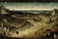 Placeholder: View of Elysium with dark female flying around over people running away in fear, creatures crawling, Hieronymus Bosch