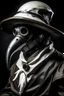 Placeholder: Portrait of a hooded plague doctor with a white mask and black leather armor