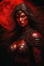 Placeholder: A dramatic digital painting portraying a warrior girl under the Red Moon, veins pulsing, claws of temptation visible, soul in turmoil. In the style of Luis Royo and Boris Vallejo and Giger, vivid colors, swirling brushstrokes, highly detailed, 8k resolution, surrealistic., juicy emotions, painting, gloomy fantasy, gloomy day, dark world, portrait, oil and graphite, wide strokes, a weaving frame around, by Ryohei Hase, Agnes Cecile, Raymond Swanland, Anne Bachelier