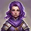 Placeholder: dnd, portrait of female halfling cleric, purple hair.
