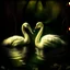 Placeholder: two swans in a romantic lake, dark green and warm yellow color, fantasy atmosphere, photo quality