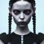 Placeholder: Wednesday Addams, Wednesday with braids standing with her arms crossed, dark, soft goth lip, hyper detail, octane render, unreal engine 5, photorealistic, 8k resulation