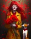 Placeholder: Create a moving illustration of a red girl wearing a yellow coat holding a bouquet of red poppies, standing peacefully, head leaning upward. A Oriental shorthair Siamese chocolate point cat with a red heart-shaped collar sits at her feet, looking up adoredly. Use a dark, textured background to accentuate the heat of the subjects. Emphasize a calm and introspective atmosphere. HD