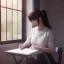 Placeholder: female student studying by the window, anime style,perfect face, cool face, unreal engine 5, cinema4d, sun light, studio lighting --ar 1:1 --v 4