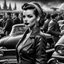 Placeholder: Create image: woman with a vintage pin-up hairstyle in greyscale tones stands in the foreground. She's wearing a zippered leather jacket and adorned with tattoos, a red bandana, earrings, and dark lipstick. In the background, a vivid scene of a drag race unfolds with classic cars and visible smoke above.