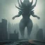 Placeholder: Kaiju, female monster, humanoid bodybuilder, curvy giant, horrorpunk,futuristic, city, smoke, rain, digital illustration, fantasy, architecture, sharp focus, concept art, octane render, scary, 8 k