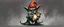 Placeholder: air brush 3d with pen outline, mongrel goblin gremlin holding big cute cat monster gnome with blurred shadow outline, charcoal fog border