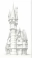 Placeholder: technical drawing pencil sketch front elevation of a row of skeletal multtechnical line drawing of the front elevation of a tall, narrow, warped, fantasy Tudor building, with twisted chimneys, rooms and floors added to sides and roofs, like the warren.i-story fantasy tudor buildings