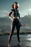 Placeholder: retro portrait image from 1960, explosion background, wind, long hair, young Scarlett Johansson, classic black tight lycra suit, metal stick weapon, gold bracelet and belt, high heel boots, soft color, highly detailed, unreal engine 5, ray tracing, RTX, lumen lighting, ultra detail, volumetric lighting, 3d, finely drawn, high definition, high resolution.