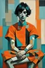 Placeholder: whimsical arafed nonsense stylized abstract portrait of a man with dark bob hair, seated with arms crossed, (((exaggerated body parts))), (((oversize head))), in vibrant orange dress and black accents around wrists, background is blend of bold beige and drab patchwork vibe, cyan tints, rainy whimsical afternoon, sharp color contrasts, amazing shadows, minimal cozy, color leak, heavily distorted views, amazing parallels