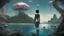 Placeholder: Detailed matte painting of a wide-angle shot of a woman, standing on the left side of the shot, with dark hair in a silver robotic catsuit, many large floating jellyfish with octopus tentacles, alien jungle trees in the distance, with an alien beach and lake, deep colour