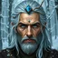 Placeholder: Generate a dungeons and dragons character portrait of the face of a man Eladrin. he is a circle of the Lands Druid (Grassland). he got ice hair and voluminous. His skin is warm. his eyes are grey . there is a winter forest behind him . the weather is cold . he has a small wooden branch with a blue stone on his forehead