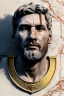 Placeholder: Ultra Realistic image, Roman sculpture, white marble material, Lionel Messi, gold Laurel leaves wreath, renaissance ornaments, one gold star in heart, marble background, chisel style, waist up portrait, emperor style, epic, celestial, cinematic lighting, God light, god rays, 4k resolution, smooth details, ornate details, soft lighting, unreal engine 5, art station, substance 3d.