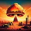 Placeholder: morning sunrise mushroom nuclear bomb exploding in vampire futuristic city with skyscrapers in the desert cartoon