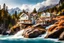 Placeholder: pretty dream houses in rocky mountain in wavy sea side,beautiful lady standing on