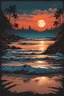 Placeholder: Experience the beauty of a dark sunset on a beach through this captivating pop art illustration. The artwork showcases a rusticcore aesthetic with majestic ports and rusty debris, creating a realistic and enchanting scenery.