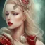 Placeholder: a portrait of beautiful queen, has pale blonde hair and green eyes, red lips, wearing red dress