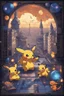 Placeholder: Pokemon city with Pikachu and Charmander, Paris Lisbon mashup city in cyberpunk style, portuguese tiles, azulejo, dark mode, celestial galaxy