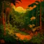 Placeholder: A dark orange colored rainforest with a coliseum painted by Vincent van Gogh