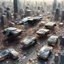 Placeholder: small flying Vehicles in traffic ,Landscape of city made of circuit board computer chips and wires, realistic high detail,