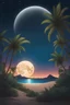 Placeholder: Bright night with full moon and stars, leafy desert island vegetation, lonely and silent