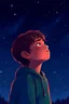 Placeholder: illustration art of A boy staring at a starry sky at night stargazing, hopeful.