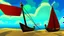 Placeholder: Small wooden ship, Legend Of Zelda: Wind Waker style, on a vast ocean, stylized, colorful, adventurous, no ships nor islands.