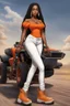 Placeholder: Create a airbrush cartoon of a curvy African American female wearing tight white jeans and a off the shoulder orange blouse. She is also wearing timberland boots. Prominent make up with hazel eyes. Highly detailed very long extremely dread locs black hair. Her skin is smooth and silky. Background of a track of ATV riders.