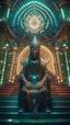 Placeholder: close up portrait of a happy blessed ancient magical king cyber punk soldier standing on a throne in a space alien mega structure with stairs and bridges woven into a sacred geometry knitted tapestry in the middle of lush magic forest, bokeh like f/0.8, tilt-shift lens 8k, high detail, smooth render, down-light, unreal engine, prize winning