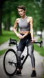 Placeholder: photography of a beautiful anorexic woman, grey satin triathlon top, brunette wavy pixie haircut, pronounced sternum, flat chest, grey satin cycling leggins