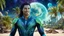 Placeholder: beautiful gorgeous young man na'vi with long hair, Avatar, blue skin, two small ears, green eyes, black hair, in cosmic suit, galactic ambiance, little pointy goatee , smiling, with spaceship and planets and palm trees and clear crystaline cosmic beach in background