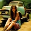 Placeholder: A gritty rough oil image of a gypsy girl sitting on the back of an old rusty truck in a summerscape in the country on a dirt road. The girl has a weathered, determined look, with long, flowing dark hair and a colorful, tattered dress. The