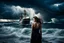 Placeholder: Compose a haunting and powerful image of a beautiful girl surrounded by her sadness in a surreal environment. Use dynamic lighting to create contrast and depth, illuminating her emotions and struggles. The sky above should be turbulent, with storm clouds brewing, reflecting the turmoil within her. In the background, depict a stormy ocean with a sinking ship, symbolizing loss and despair. Show a few people struggling for survival, adding a sense of urgency and chaos to the scene. Let the composit